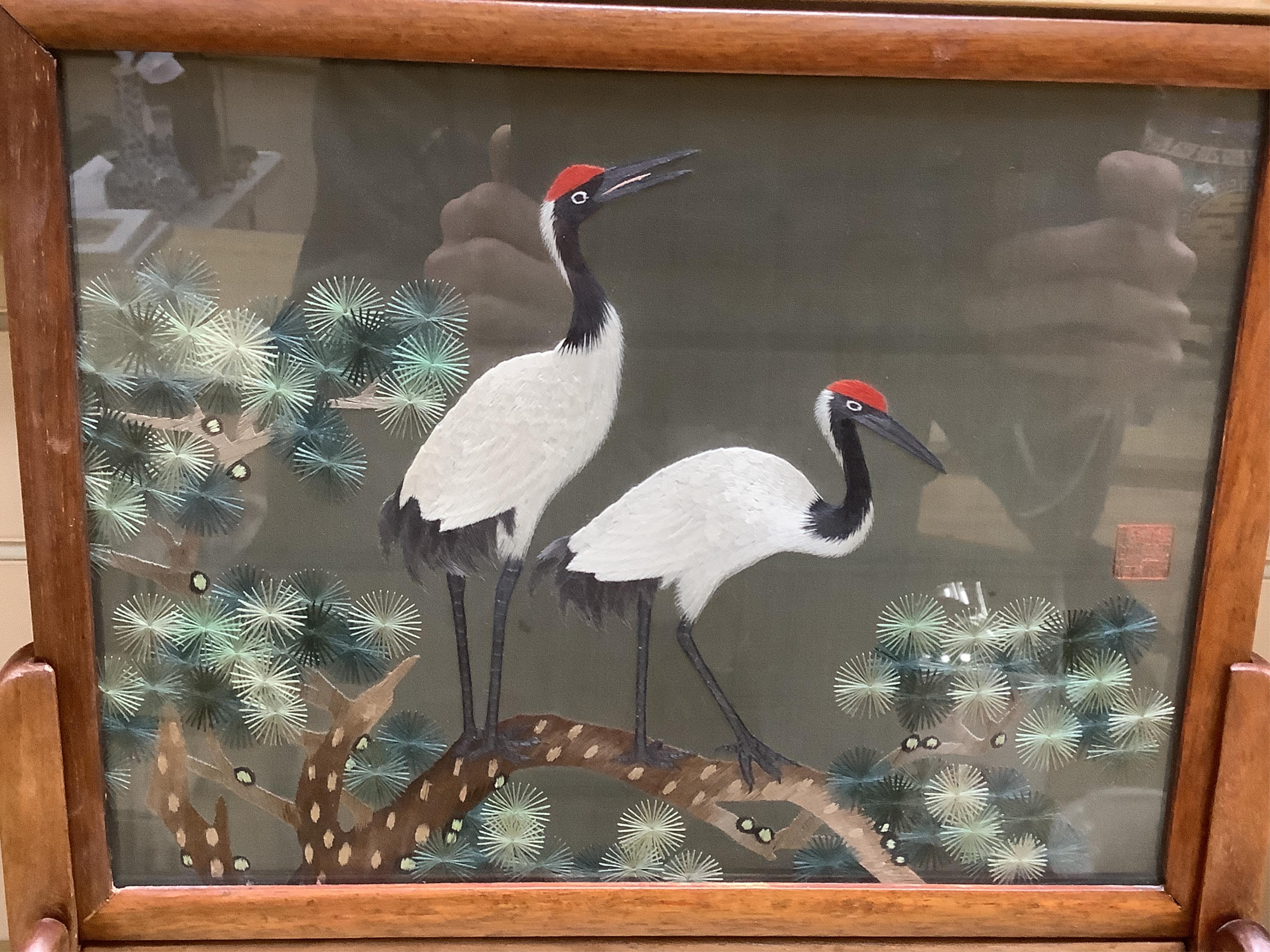 A Chinese hardwood double-sided silk table screen, 32cm tall. Condition - fair to good